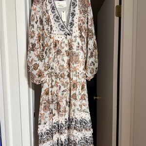 Anthropologie White Maxi Dress with Pink & Green Floral Print